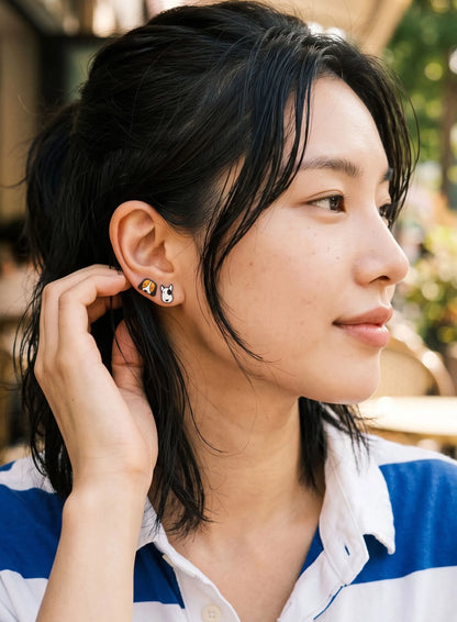 Model wearing bull terrier and French bulldog enamel stud earrings — dog mom gift jewelry, K-style street look, handmade in Korea