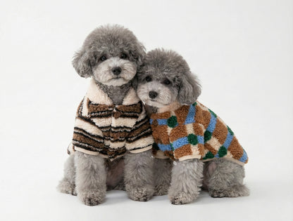 Cozy Sherpa Fleece Dog Cardigan - Button-Up Winter Coat Check & Stripe