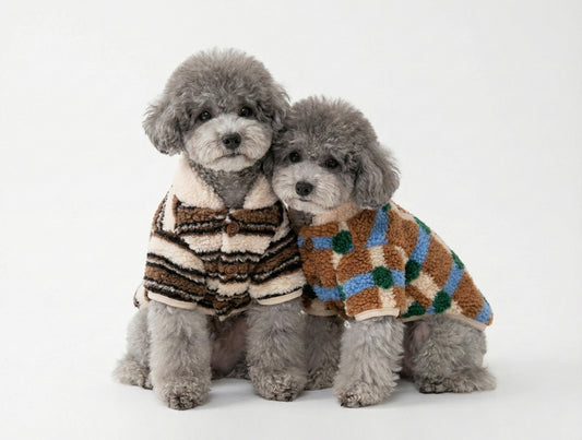 Cozy Sherpa Fleece Dog Cardigan - Button-Up Winter Coat Check & Stripe
