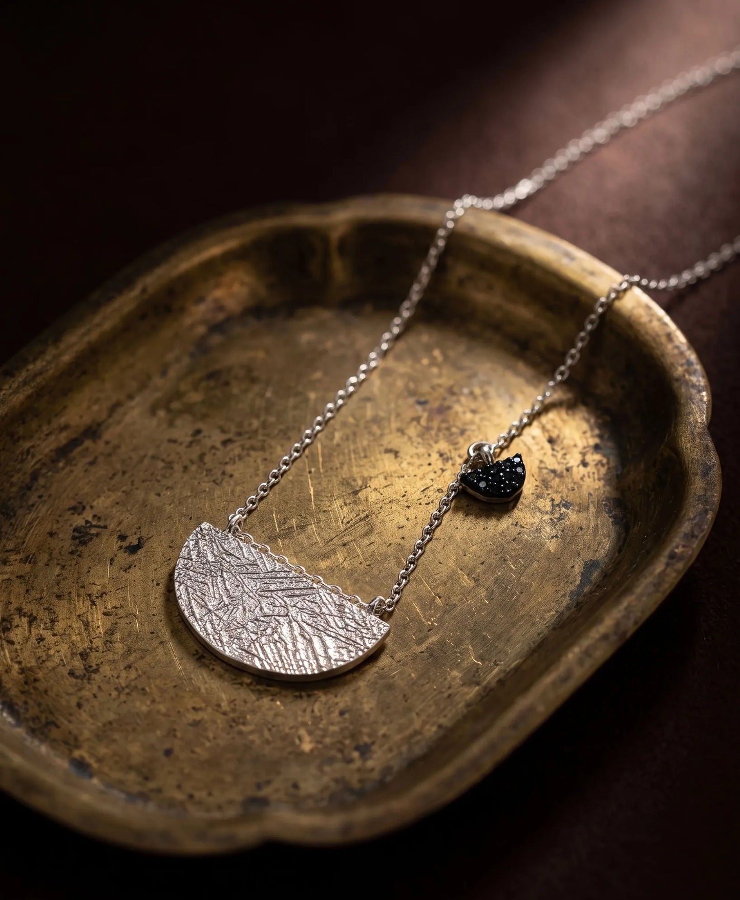 925 Sterling Silver Hammered Half-Moon Necklace with Blue CZ Heart Charm