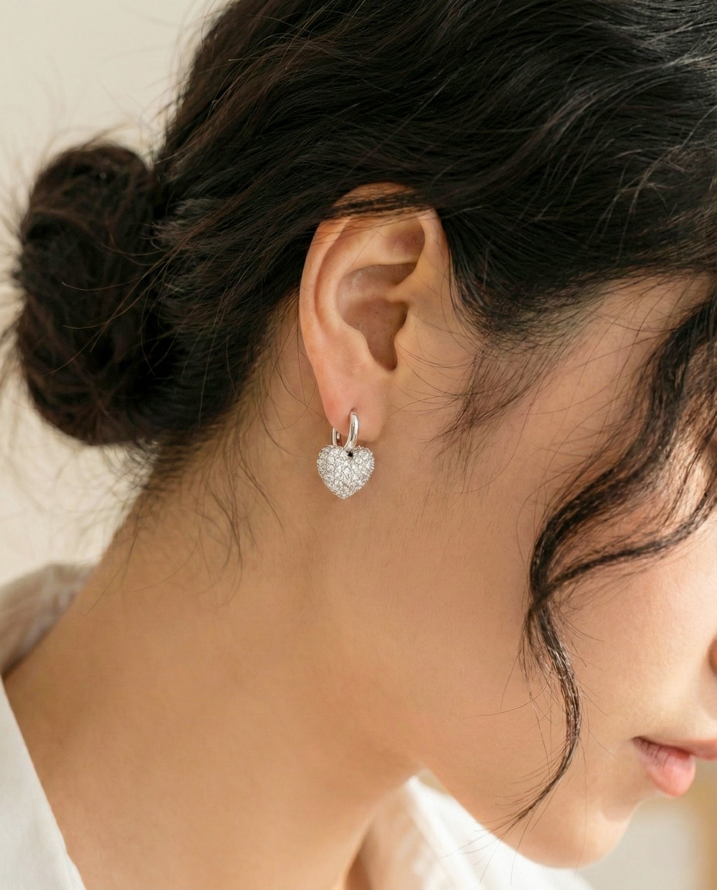 Pave Cubic Zirconia Puffy Heart Huggie Hoop Earrings Gold Silver Rose Gold