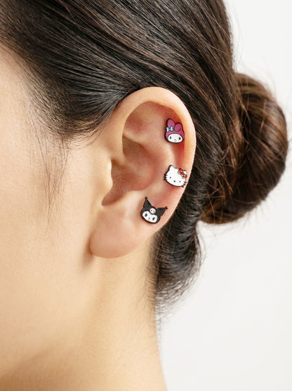 Sanrio character ear stack with Hello Kitty My Melody Kuromi Pompompurin piercings