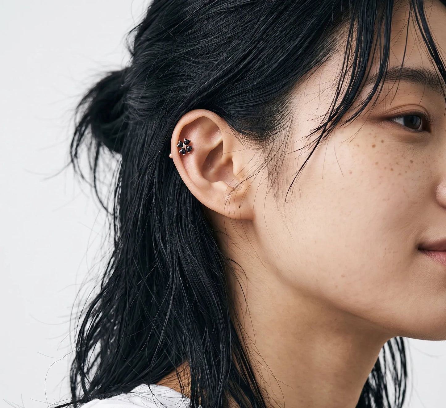 Black Clover Barbell Stud | Brass + Surgical Steel | K-Style Ear Stack (Single)
