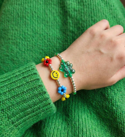 925 Sterling Silver Ball "Hug Me" Gummy Bear & Smiley Garden Beaded Bracelet – Y2K Kidcore Aesthetic | 4 Options