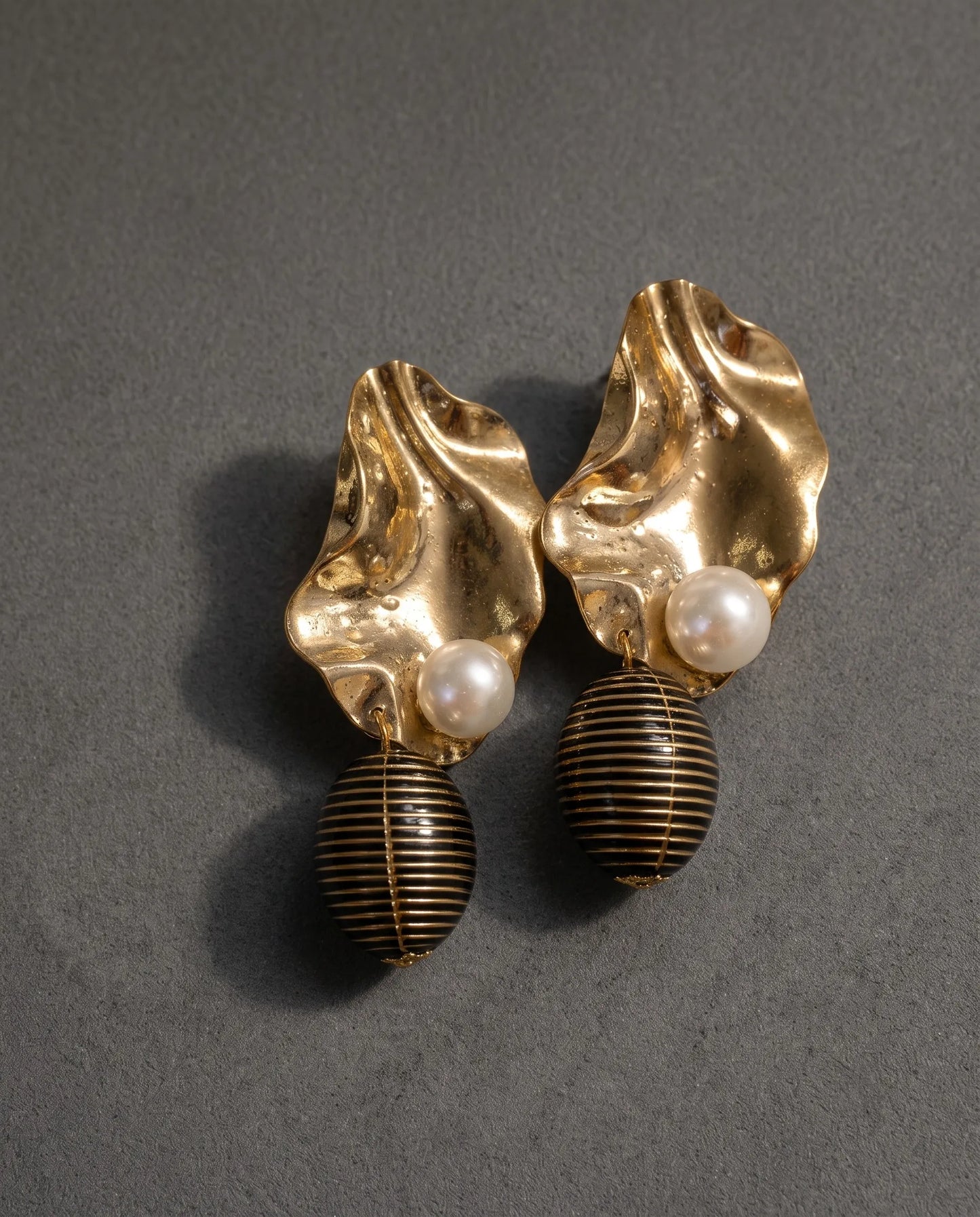 Gold Hammered Pearl Drop Earrings | K-Style Statement | Titanium Post