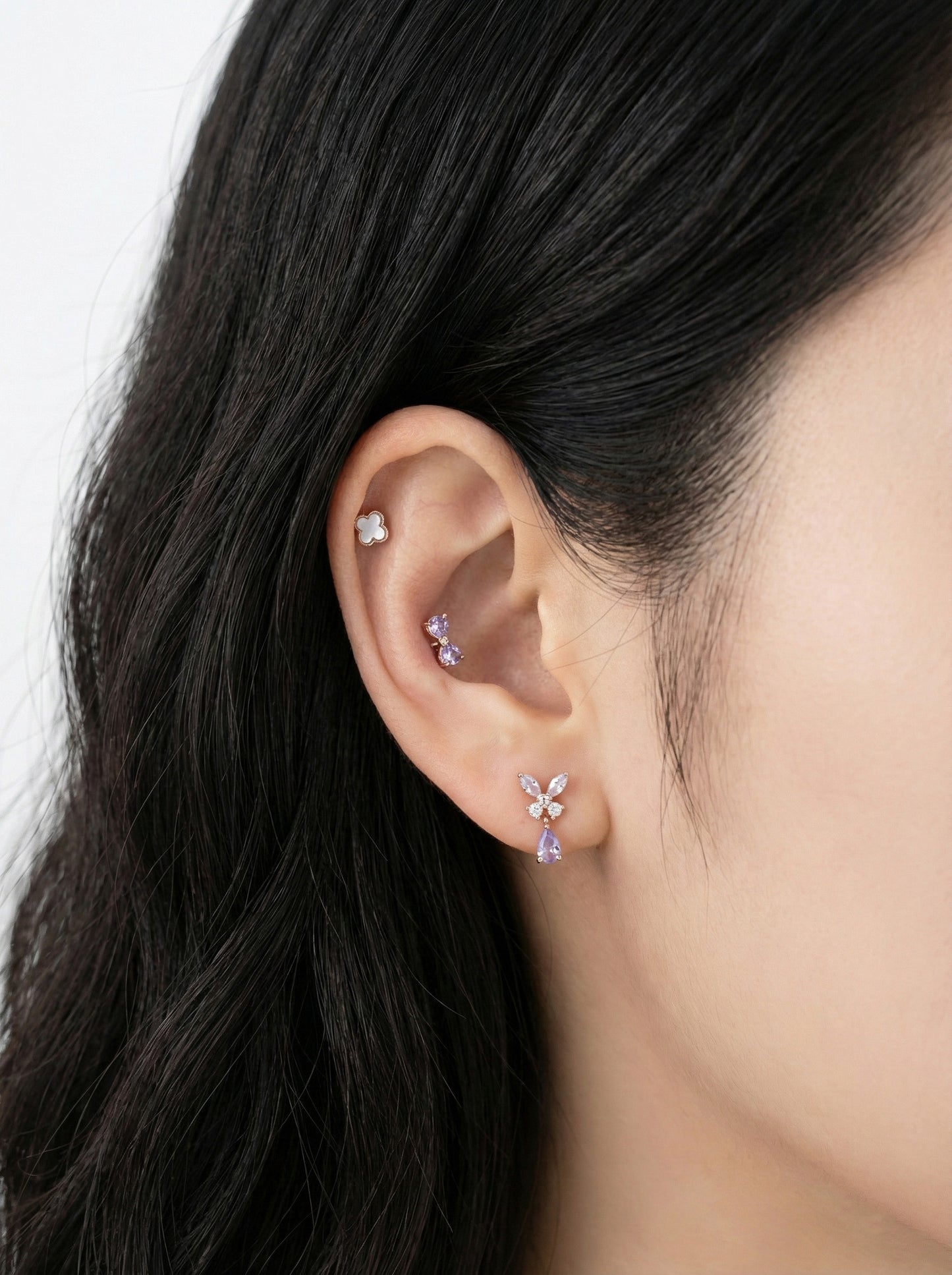 Titanium Post Four Leaf Clover Piercing Earring - Natural Mother of Pearl in White Black Lavender, Luxury Style Lucky Charm Cartilage Helix Conch Jewelry