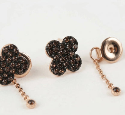 925 Sterling Silver Cognac Brown Pavé Clover Two-Way Drop Earrings | Rose Gold Plated