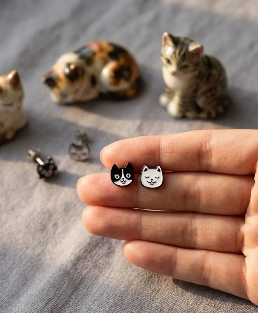 Black Cat & White Cat Mismatch Earrings — The Curated Ear Duo