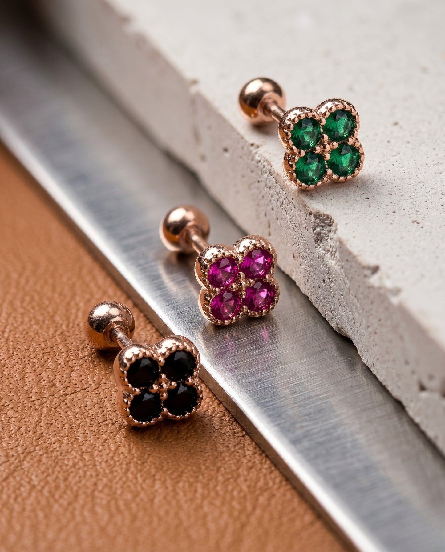 925 Silver CZ Clover Piercing Stud | Single | Rose Gold Plated