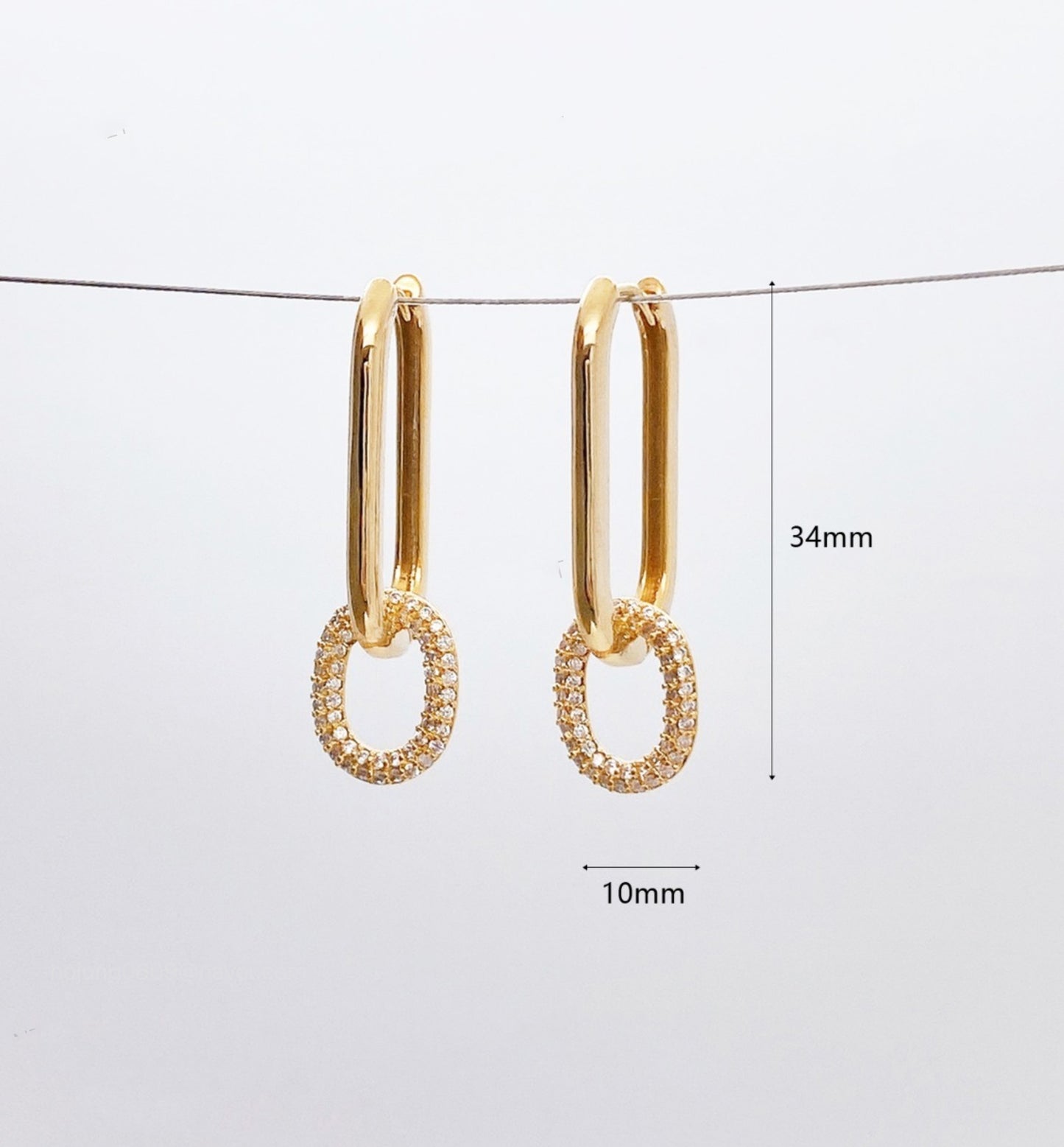 Brass Pavé CZ Oval Link Drop Huggie Hoop Earrings - Gold & Silver