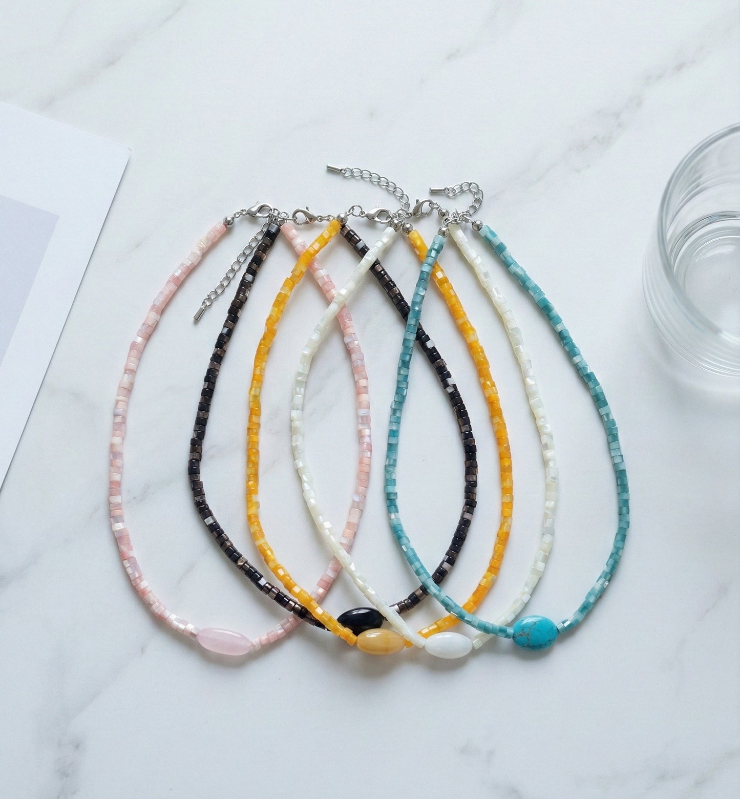 Natural Gemstone & Shell Heishi Bead Choker - 5 Colors