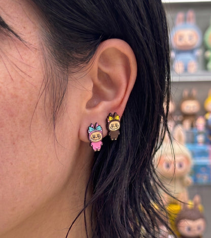 Labubu The Monsters full-body earrings pink and brown at Pop Mart, art toy core kitsch earrings handmade Korea.