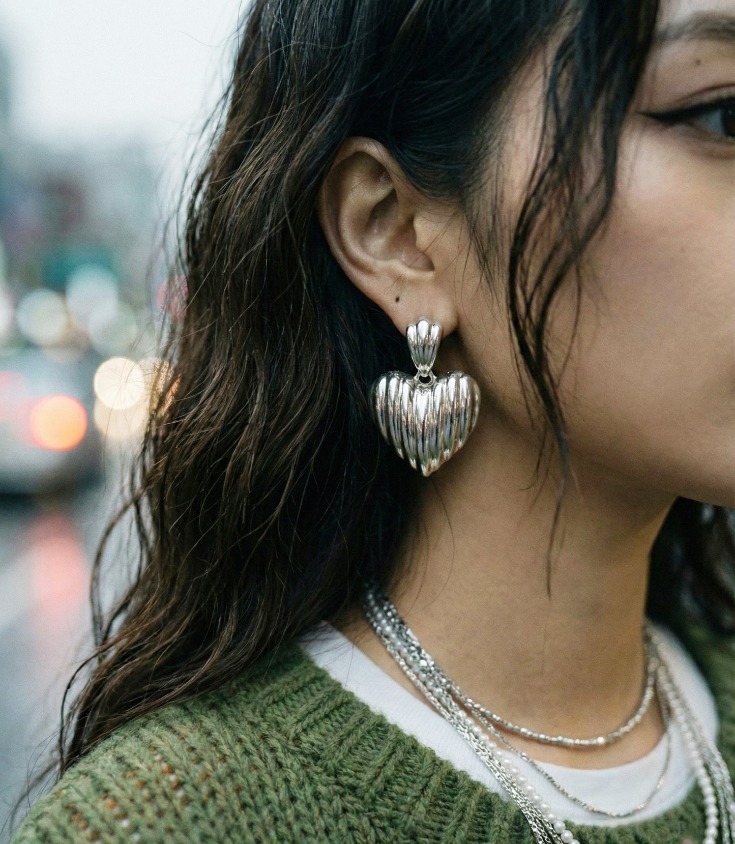 Chunky Ribbed Heart Earrings - Vintage Gold & Silver Statement Studs