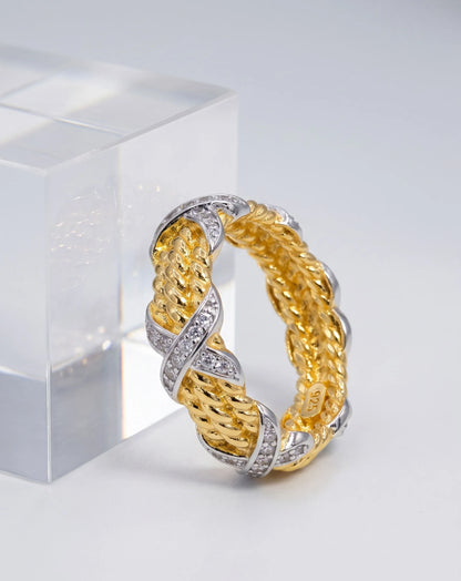 925 Sterling Silver Two-Tone Twisted Rope Band Ring with CZ X-Cross