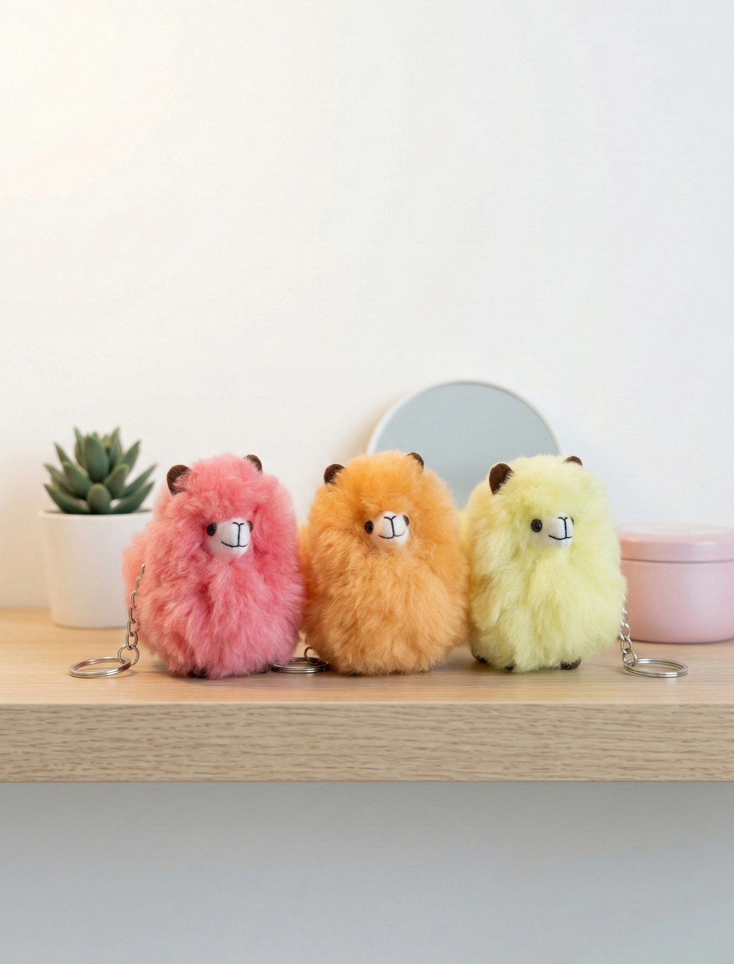 Discover our warm pastel collection! Handcrafted real alpaca fur keychains in strawberry pink, tangerine, and lemon yellow make the perfect cute accessory