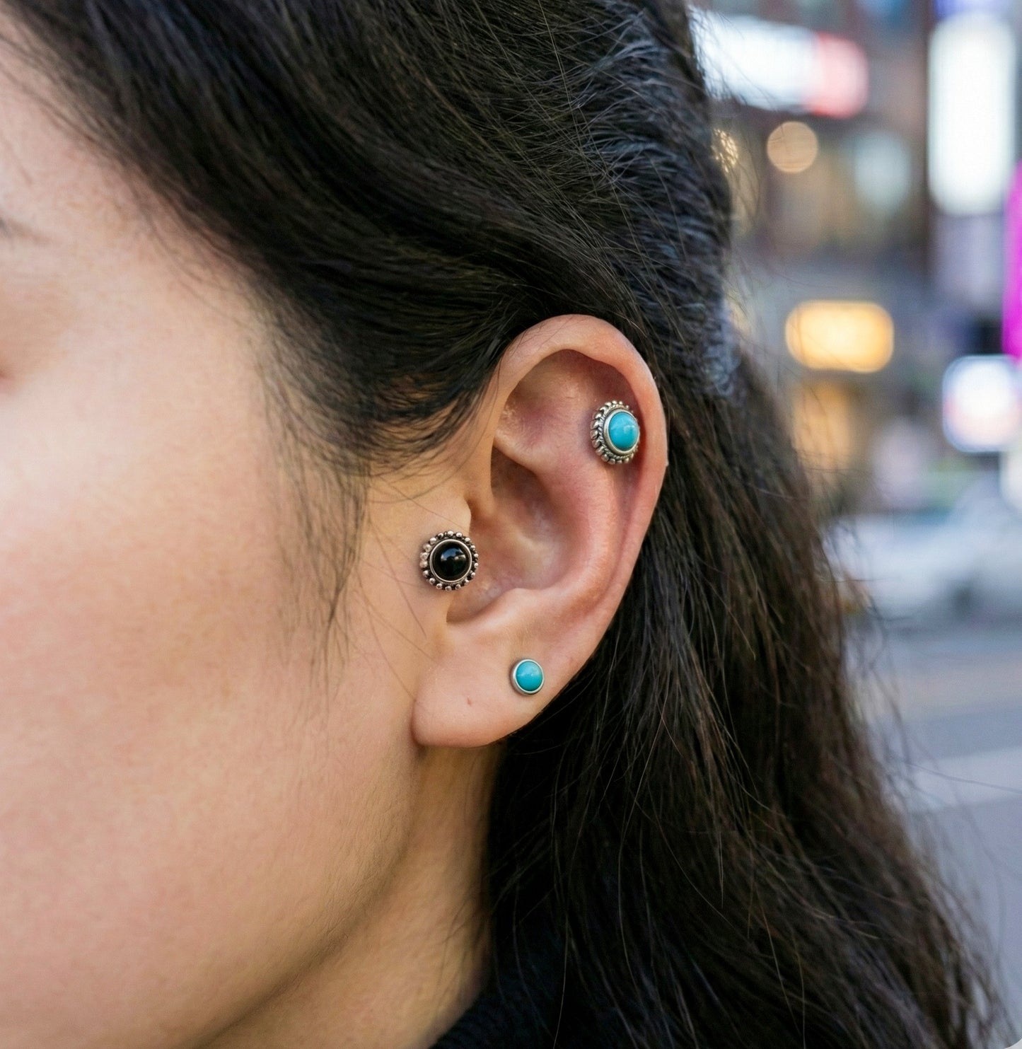Vintage 925 Silver Post Barbell Stud Earrings - Turquoise & Onyx