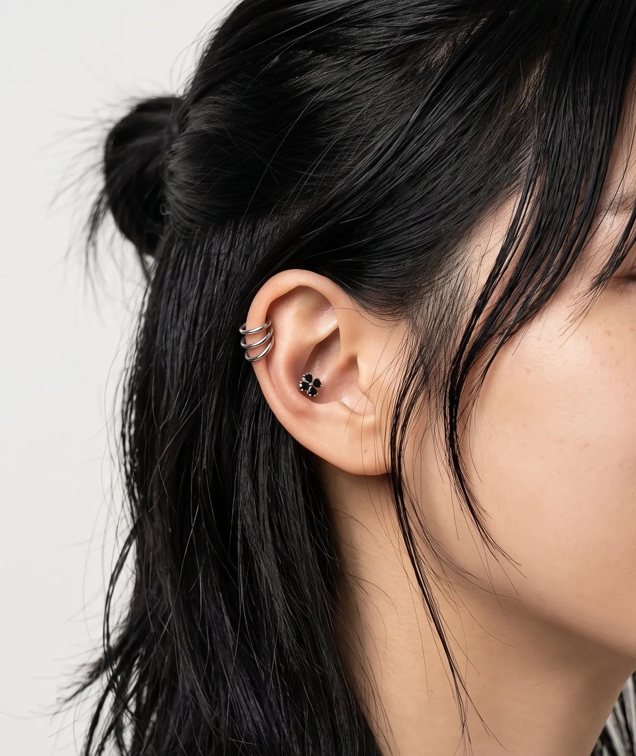 Black Clover Barbell Stud | Brass + Surgical Steel | K-Style Ear Stack (Single)