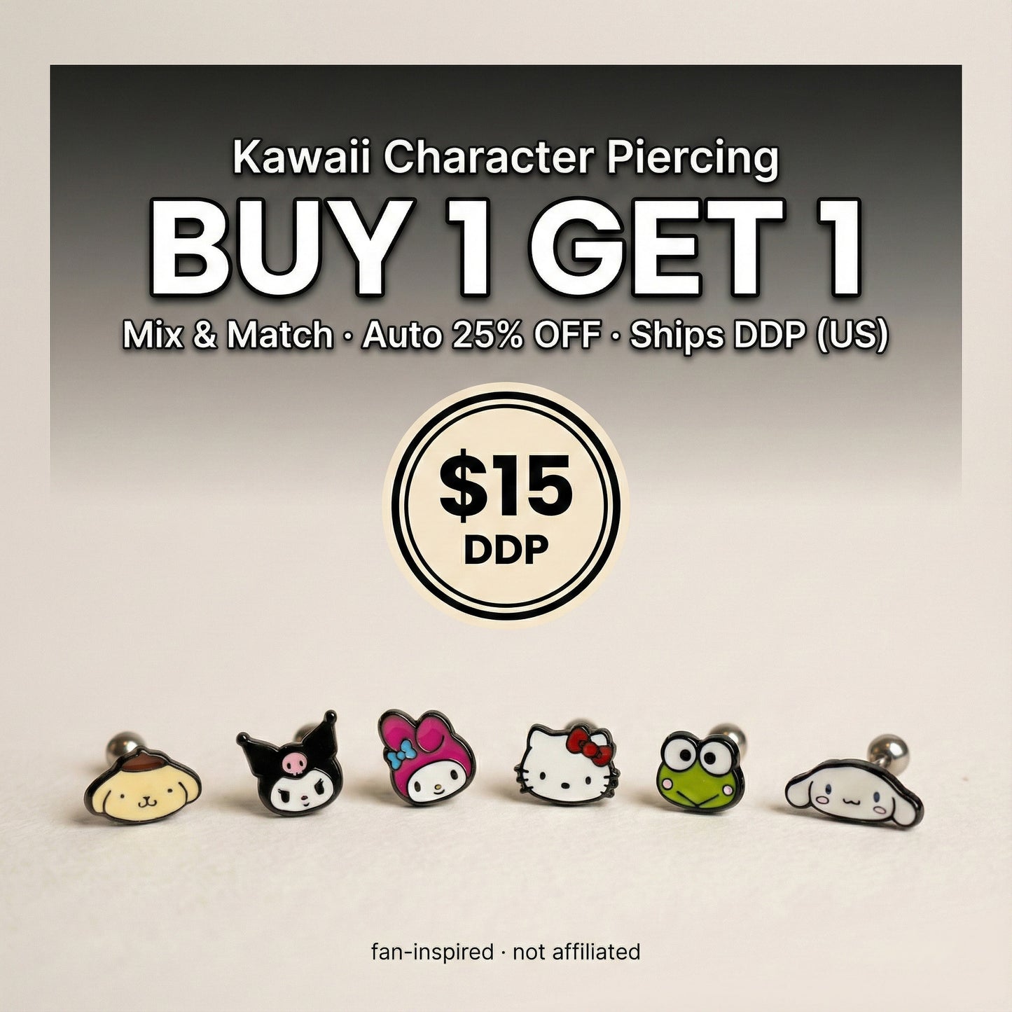 Sanrio Hello Kitty barbell earring cartilage helix stud surgical steel Korean handmade