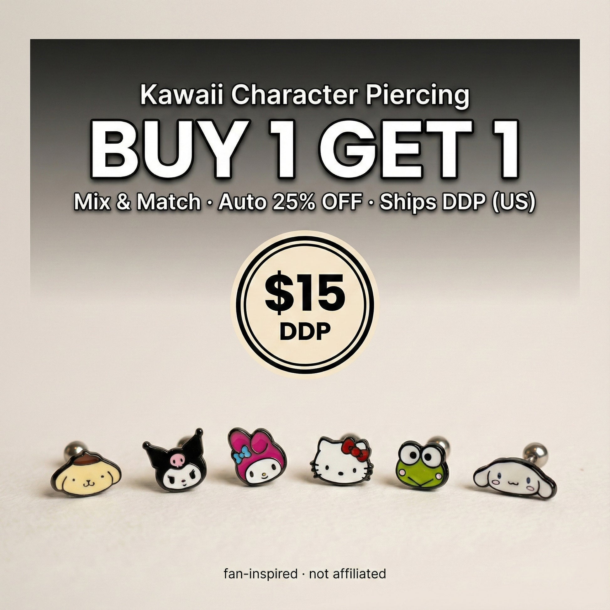 Sanrio Hello Kitty barbell earring cartilage helix stud surgical steel Korean handmade