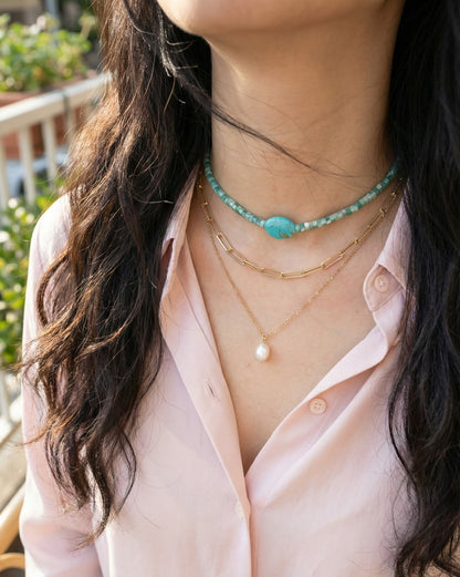 Natural Gemstone & Shell Heishi Bead Choker - 5 Colors