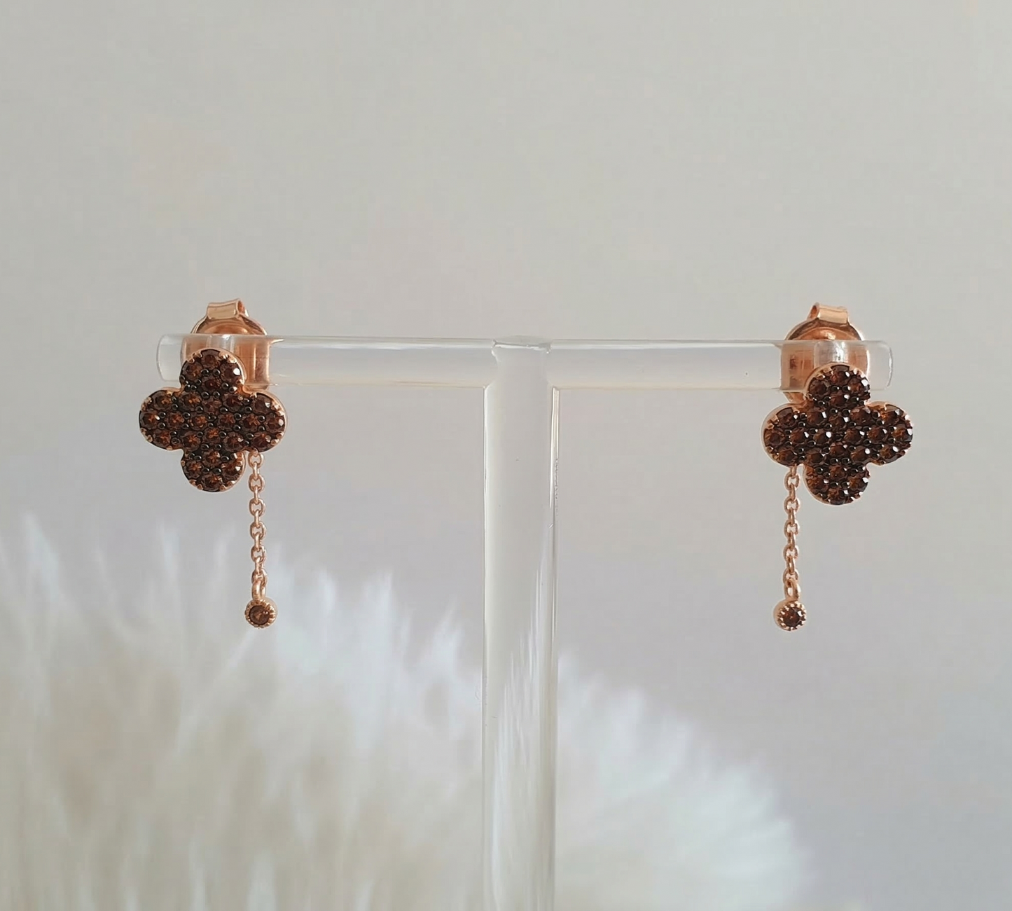 925 Sterling Silver Cognac Brown Pavé Clover Two-Way Drop Earrings | Rose Gold Plated