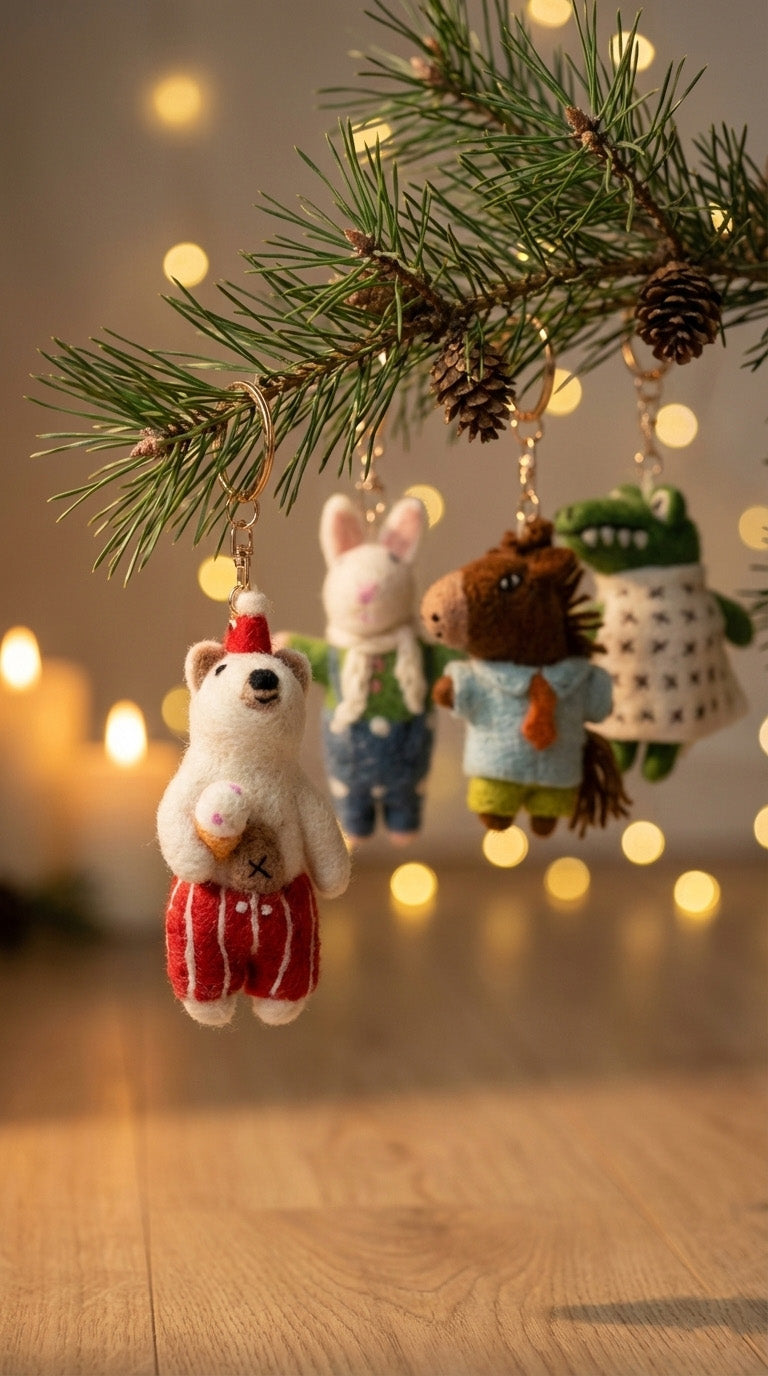 Decorative Christmas ornaments on a tree branch with blurred lights in the background