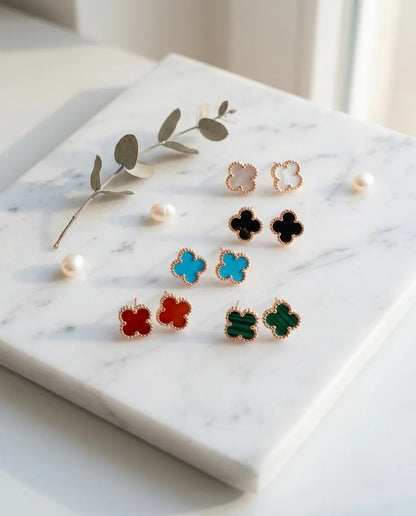 925 Silver Clover Gemstone Studs | Rose Gold | 5 Colors