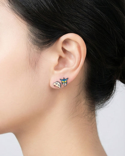 Action Kamen and Shin-chan character earrings worn on lobe showing vibrant color details