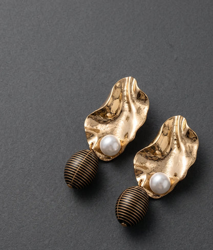 Gold Hammered Pearl Drop Earrings | K-Style Statement | Titanium Post