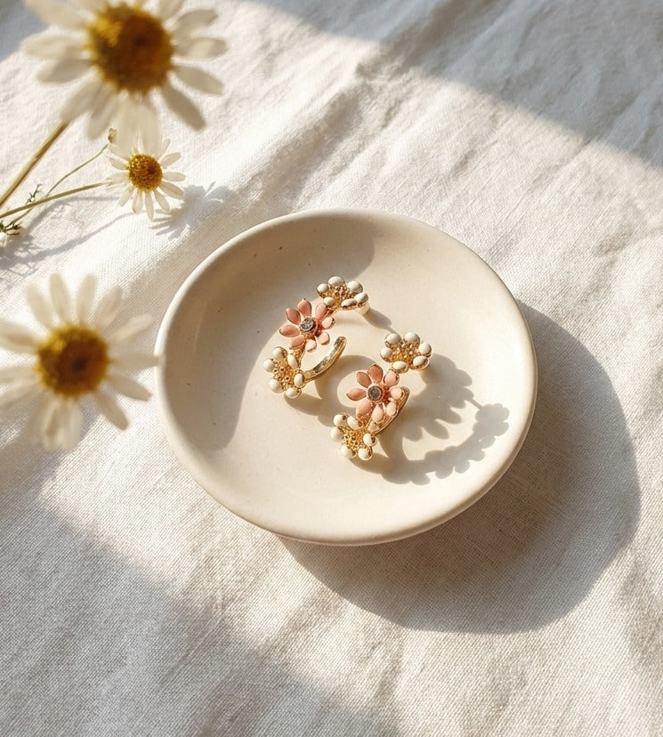 Korean Handmade Enamel Flower Hoop Earrings - Titanium Post (2 Colors)