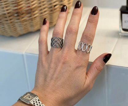 925 Sterling Silver Bold Wide Band Ring - Lace Lattice & Oval Loop