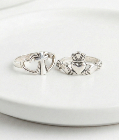 925 Sterling Silver Vintage Ring - Claddagh, Cupid Arrow & Heart Cross