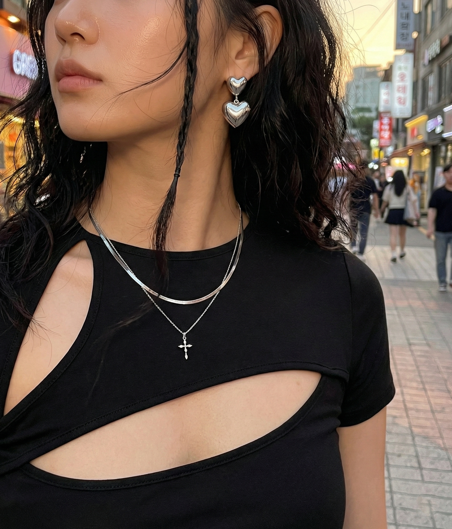 Chunky Puffed Double Heart Drop Earrings - Gold & Silver