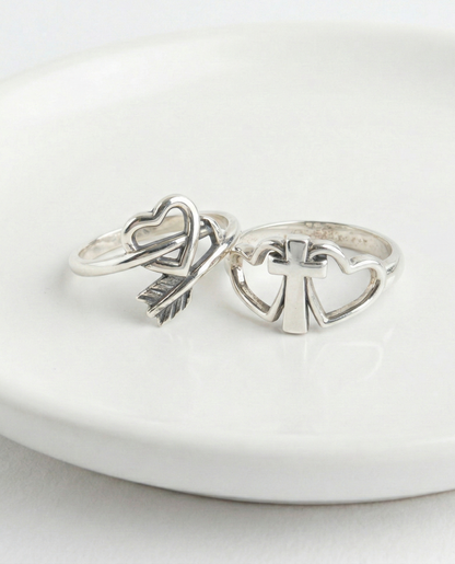 925 Sterling Silver Vintage Ring - Claddagh, Cupid Arrow & Heart Cross