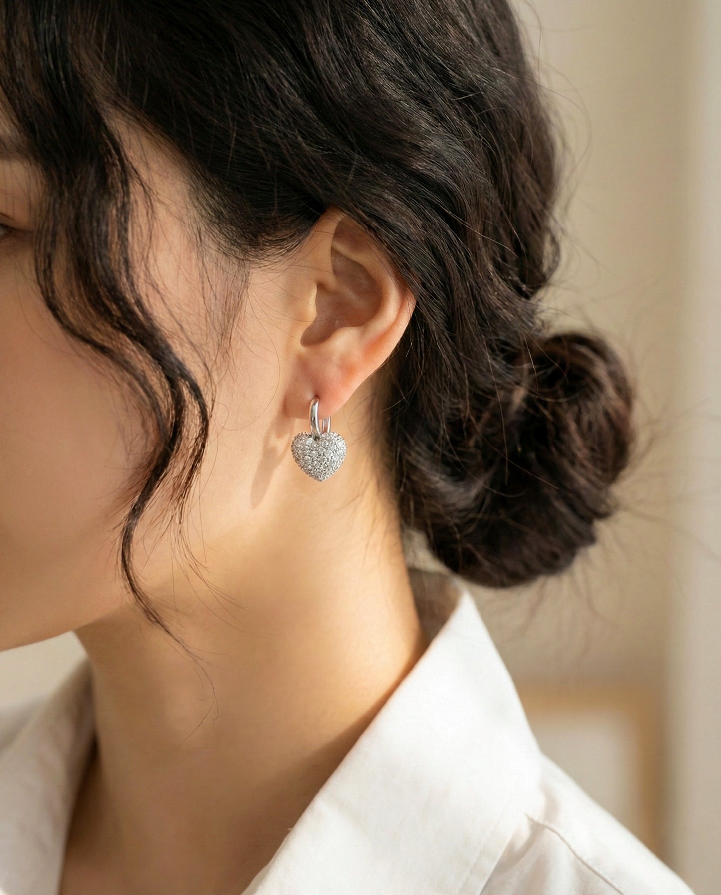 Pave Cubic Zirconia Puffy Heart Huggie Hoop Earrings Gold Silver Rose Gold