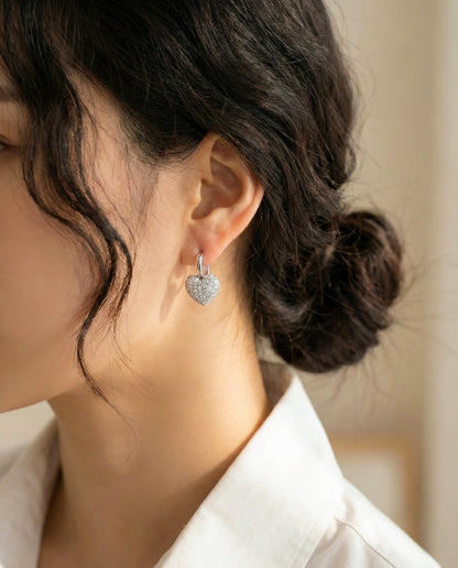 Pave Cubic Zirconia Puffy Heart Huggie Hoop Earrings Gold Silver Rose Gold