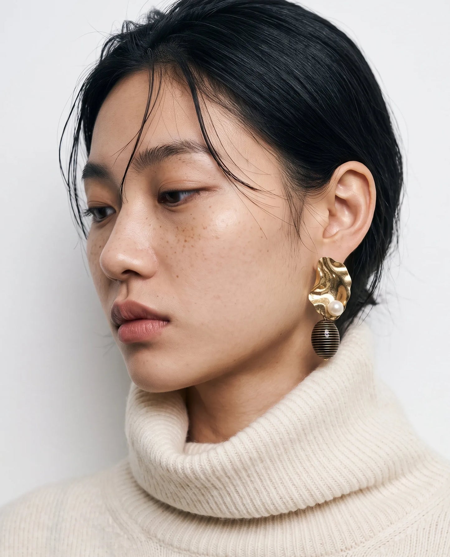 Gold Hammered Pearl Drop Earrings | K-Style Statement | Titanium Post