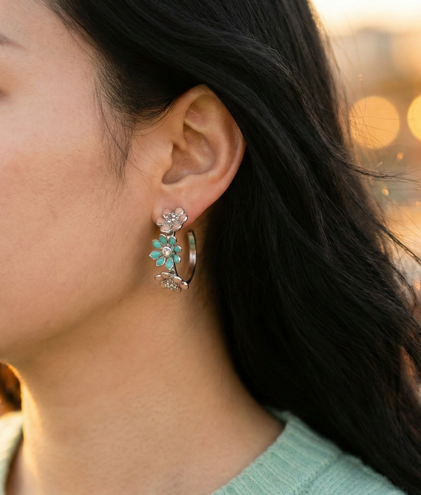 Korean Handmade Enamel Flower Hoop Earrings - Titanium Post (2 Colors)