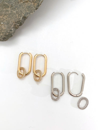 Brass Pavé CZ Oval Link Drop Huggie Hoop Earrings - Gold & Silver