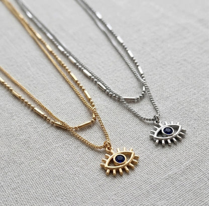 Evil Eye Layered Necklace – Double Chain Sunburst Pendant in Gold & Silver | 8TTITTO8