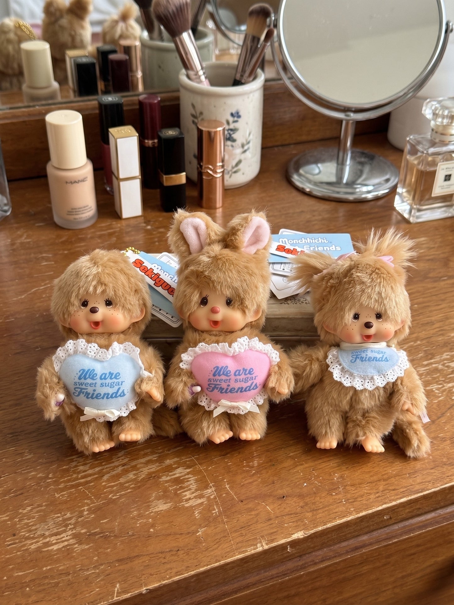 
Kidcore aesthetic Monchhichi sweet sugar friends plush bag charm keychain 3 styles blue pink basic, Y2K vintage inspo for bag styling.
