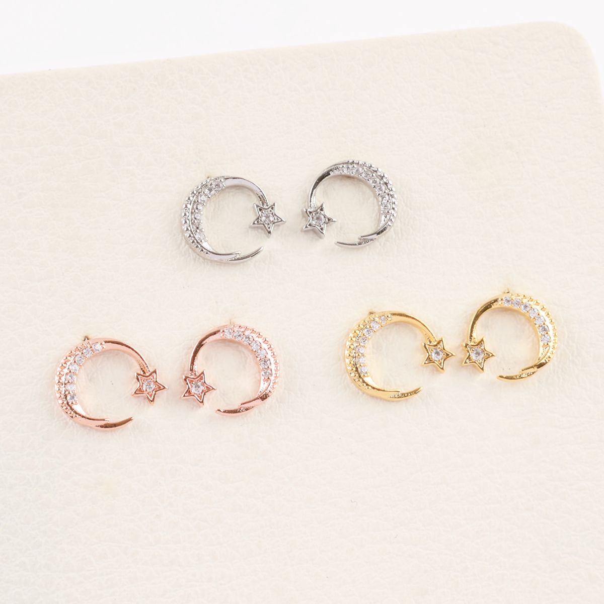Celestial Crescent Moon & Star Pavé Stud Earrings | Silver, Gold & Rose Gold