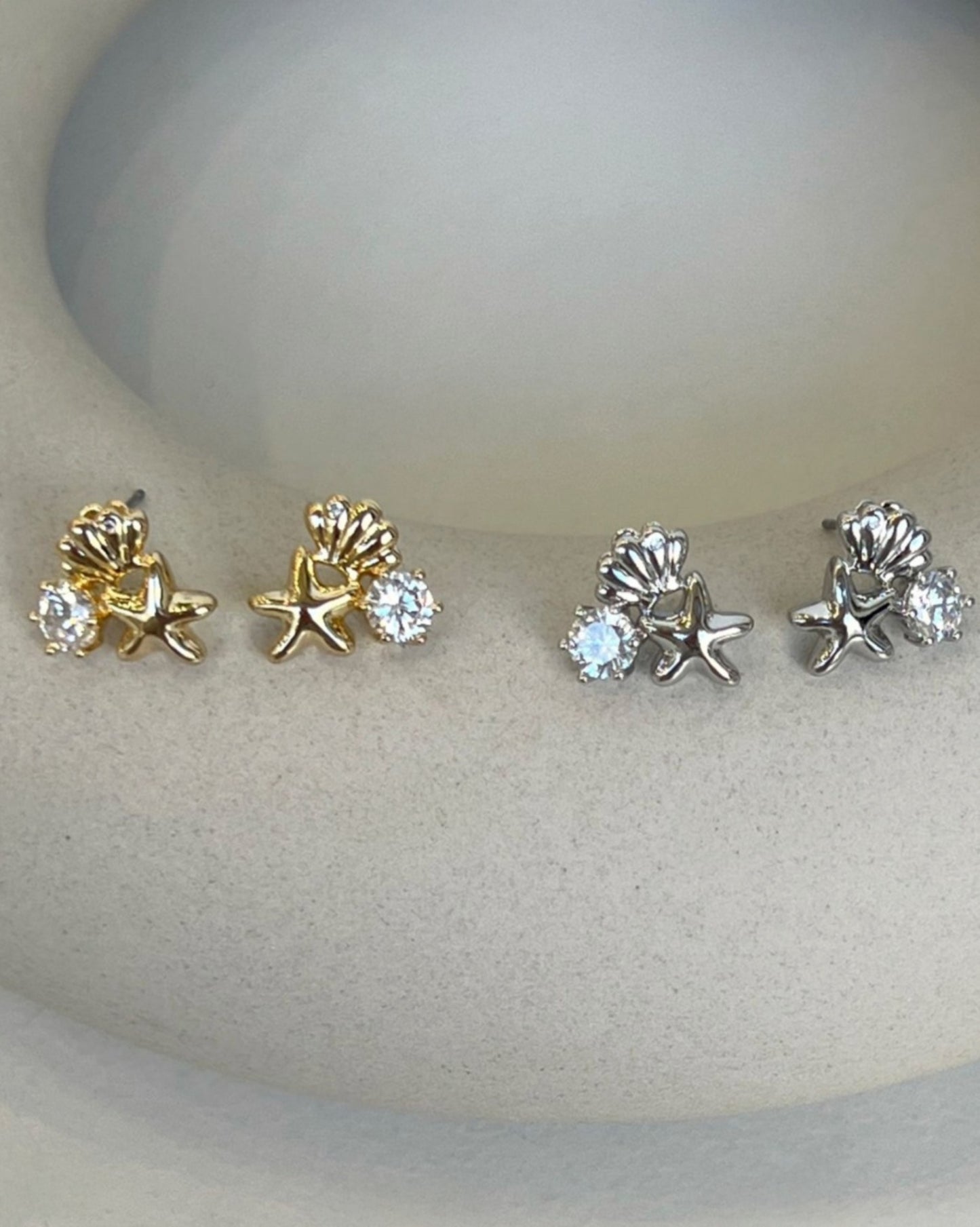 Mermaidcore Shell & Starfish Cubic Zirconia Stud Earrings | Hypoallergenic Titanium Post | Gold & Silver