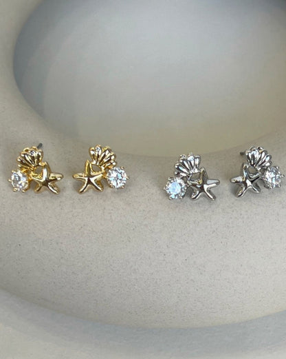 Mermaidcore Shell & Starfish Cubic Zirconia Stud Earrings | Hypoallergenic Titanium Post | Gold & Silver