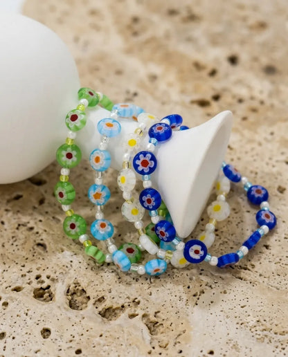Millefiori Glass Flower Bead Bracelet — K-Handmade, 4 Colors