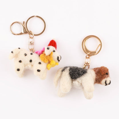 Nepal handmade wool felt dog keychains - Dalmatian with party hat and Jack Russell Terrier with colorful bead chain on white background