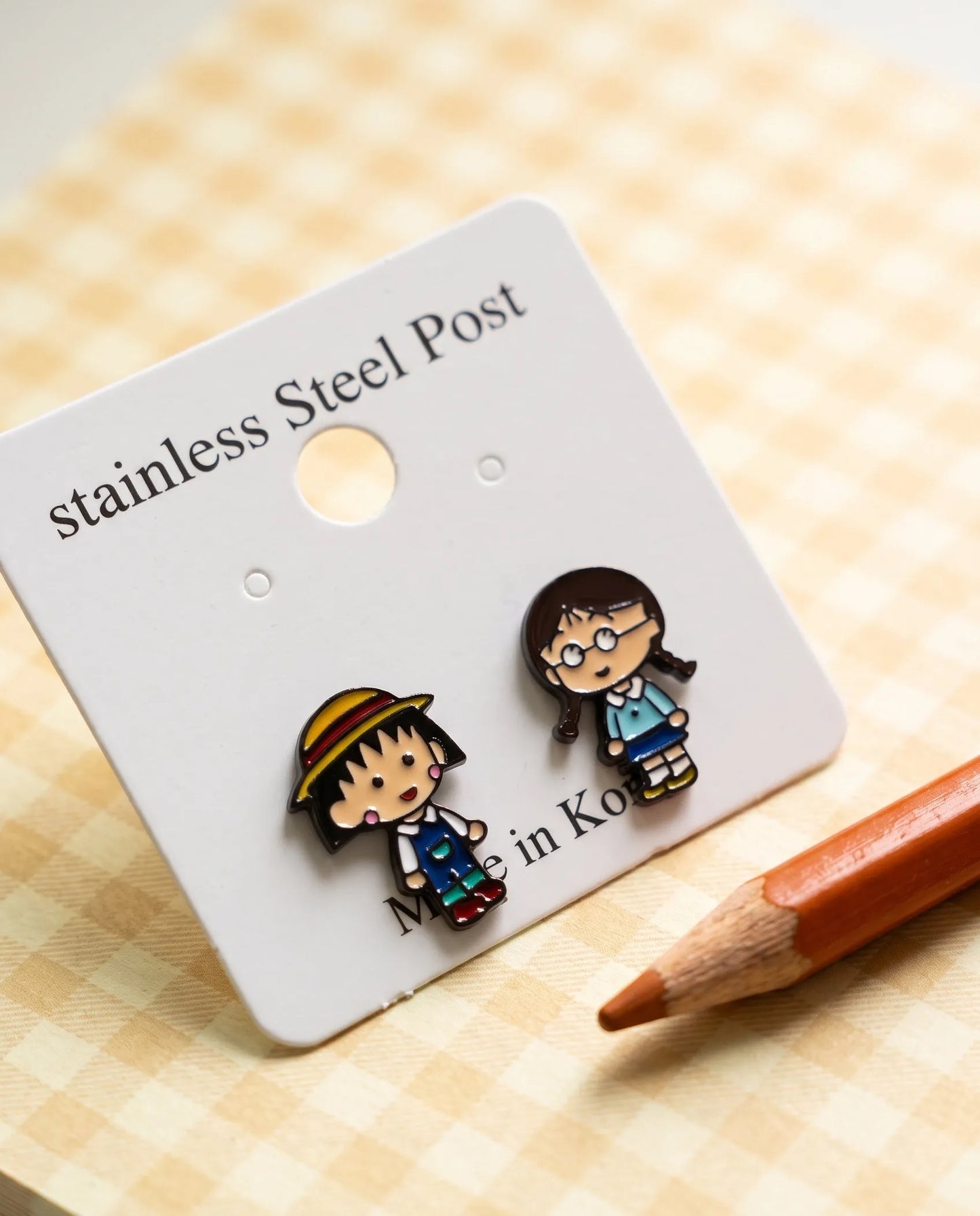 Maruko-chan Mismatch Stud Earrings – Enamel Anime Character