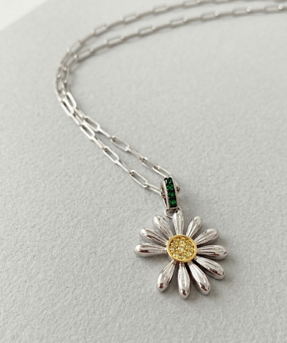 925 Sterling Silver Daisy Pendant Necklace – Green CZ Bail & Yellow Pavé Center