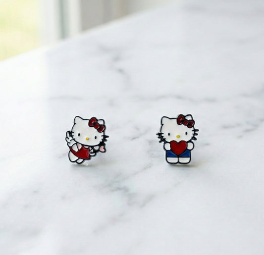 Handmade Hello Kitty enamel stud earrings in Heart Hug and Angel Cupid designs with surgical steel posts
