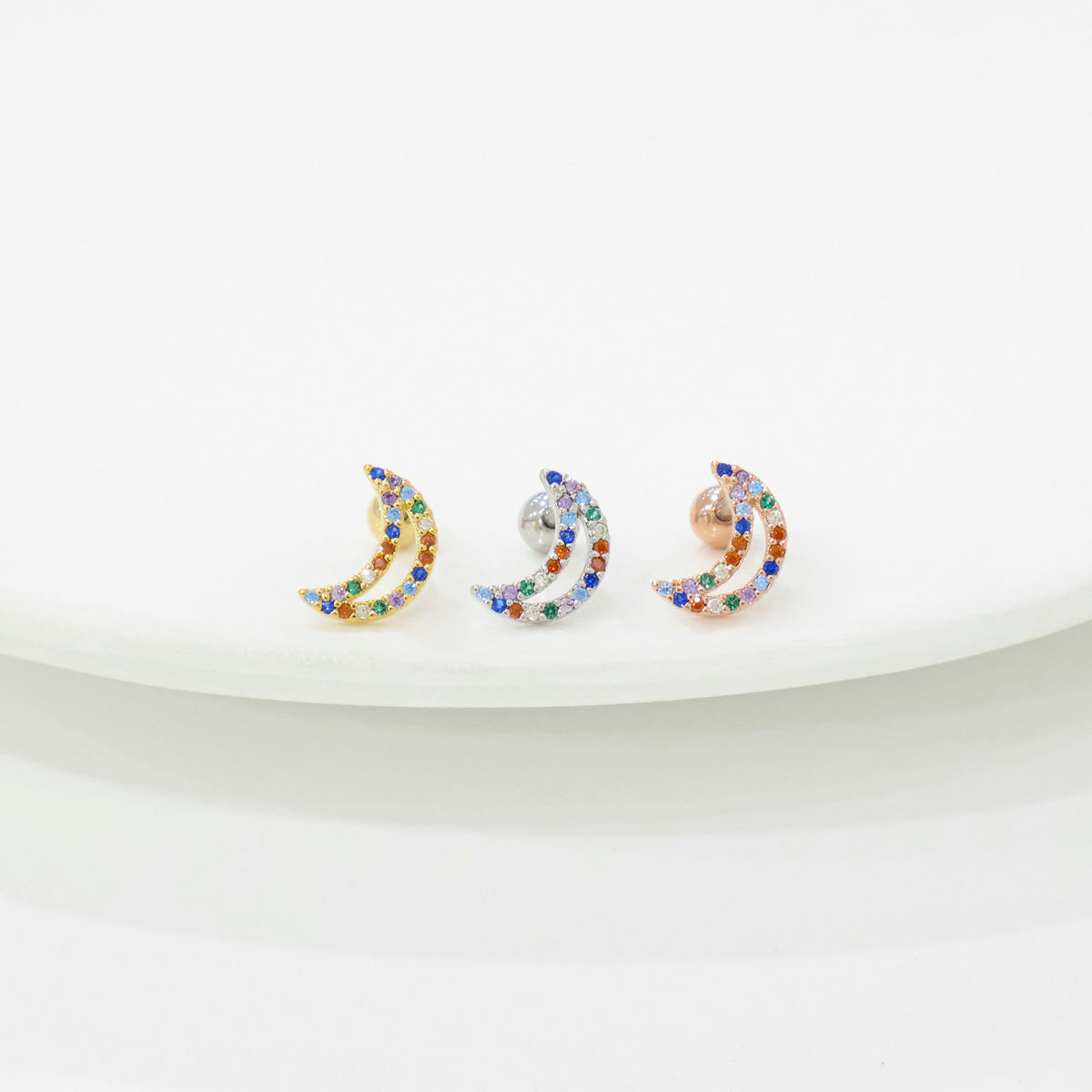 Rainbow CZ Star & Moon Piercing — Cartilage Helix Stud | Gold Silver Rose Gold